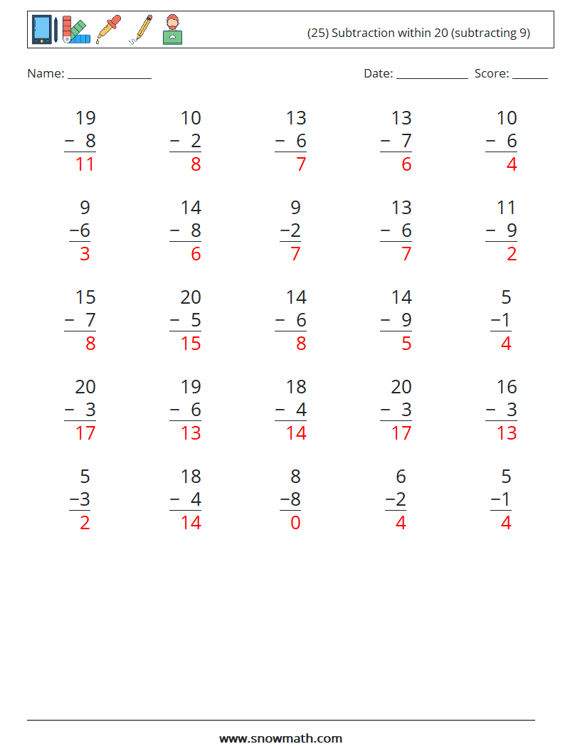 (25) Subtraction within 20 (subtracting 9) Math Worksheets 9 Question, Answer