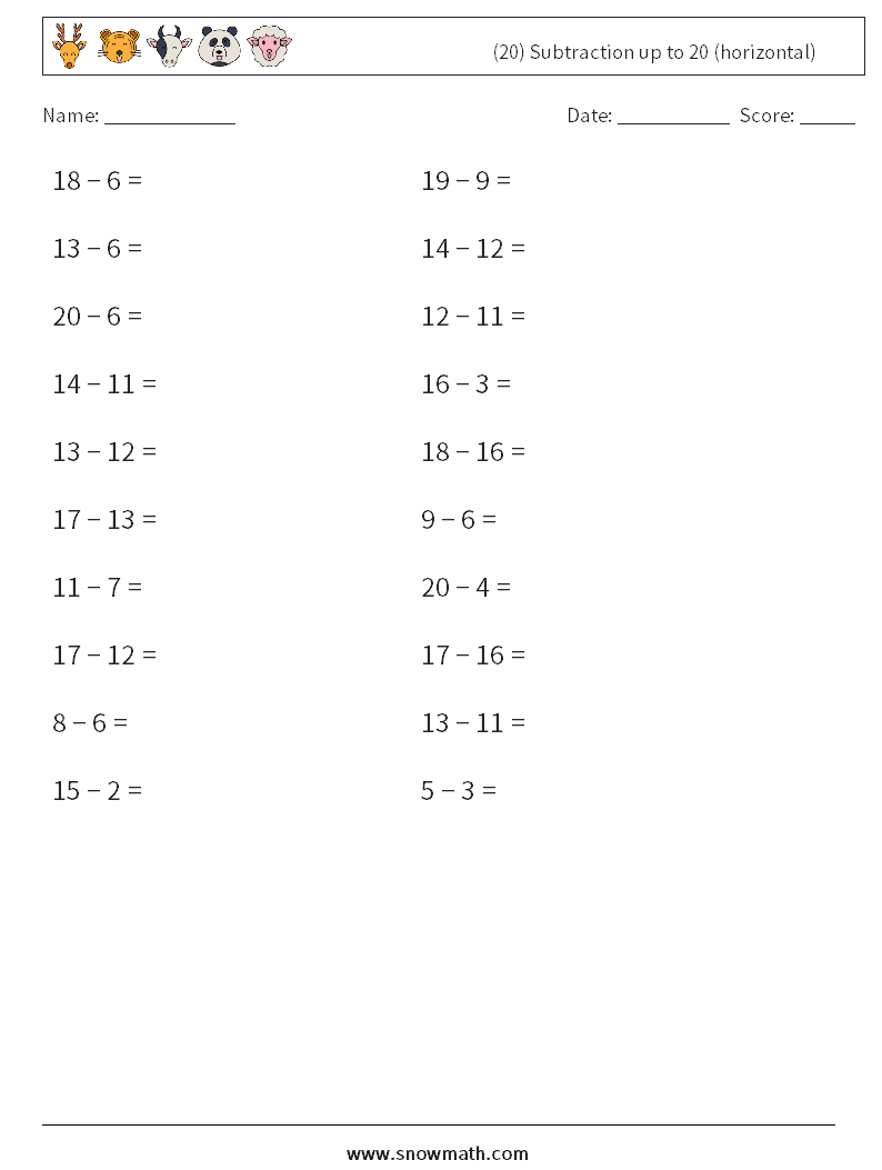 (20) Subtraction up to 20 (horizontal) Math Worksheets 1