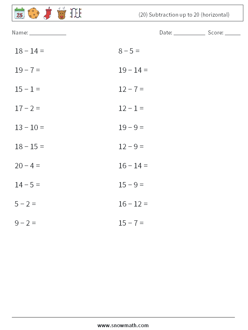 (20) Subtraction up to 20 (horizontal) Math Worksheets 2