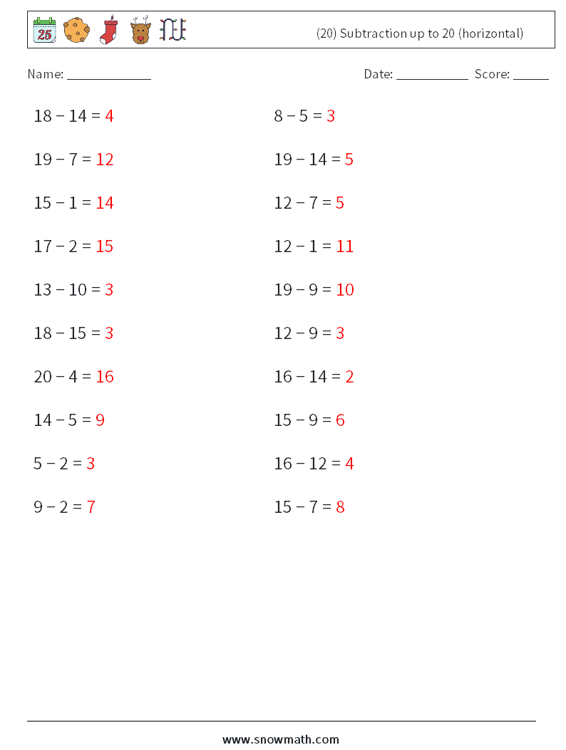 (20) Subtraction up to 20 (horizontal) Math Worksheets 2 Question, Answer