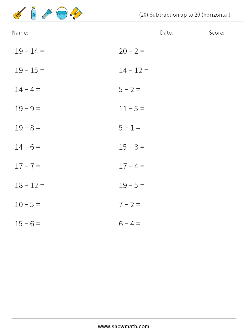 (20) Subtraction up to 20 (horizontal) Math Worksheets 3