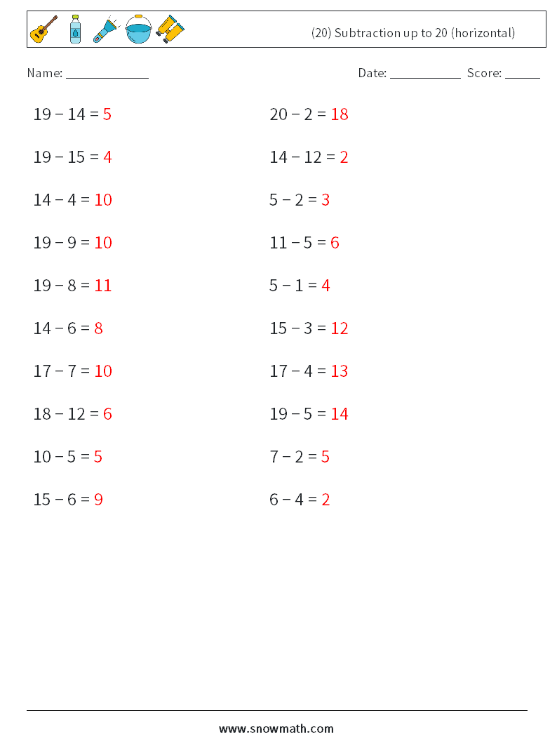 (20) Subtraction up to 20 (horizontal) Math Worksheets 3 Question, Answer