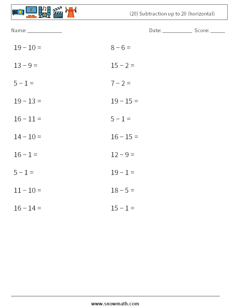 (20) Subtraction up to 20 (horizontal) Math Worksheets 4