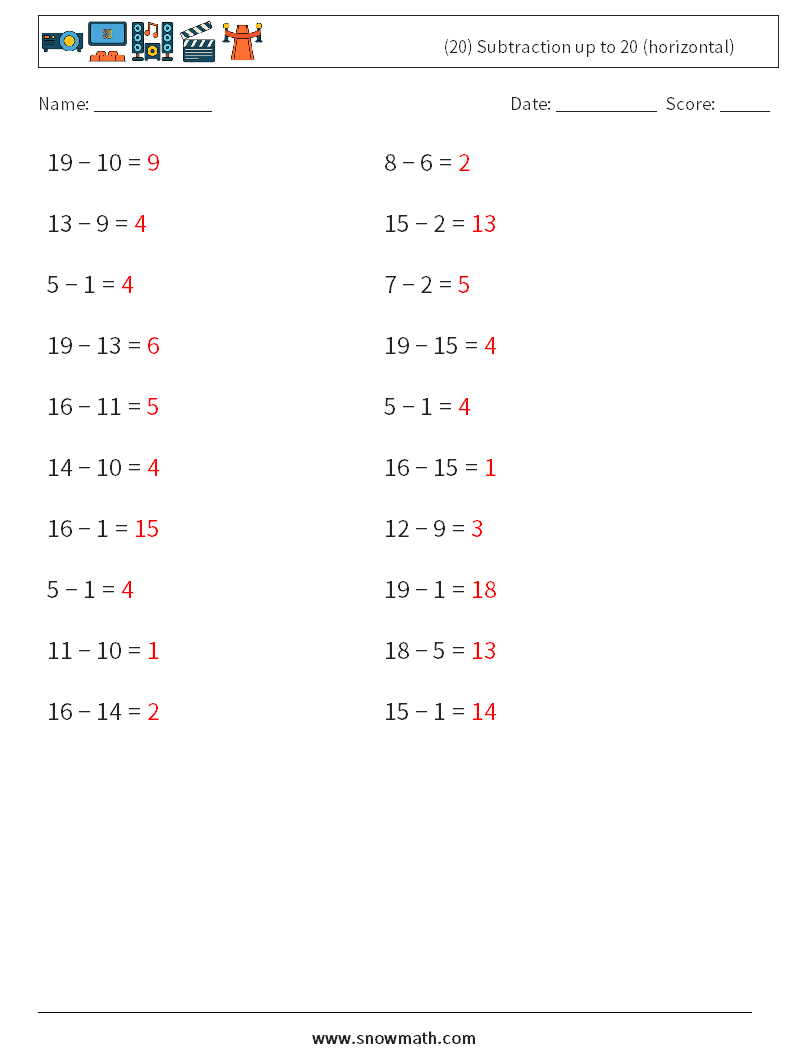 (20) Subtraction up to 20 (horizontal) Math Worksheets 4 Question, Answer