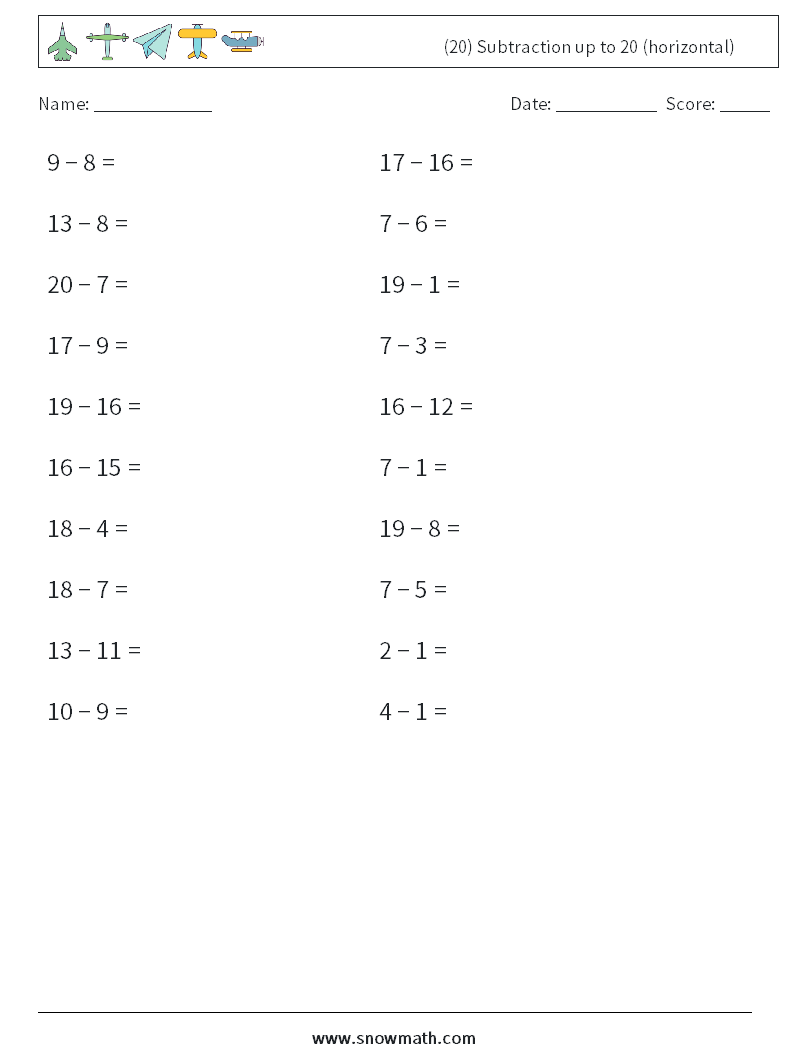 (20) Subtraction up to 20 (horizontal) Math Worksheets 5