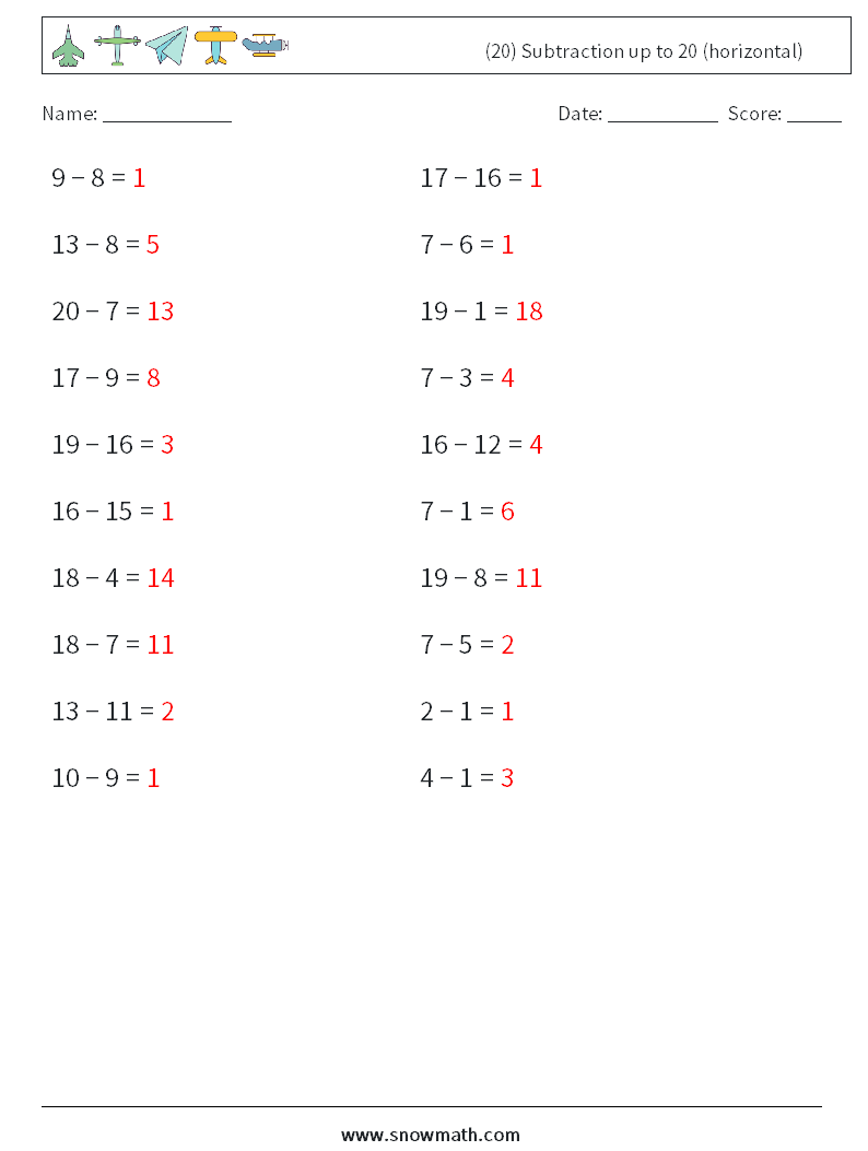 (20) Subtraction up to 20 (horizontal) Math Worksheets 5 Question, Answer