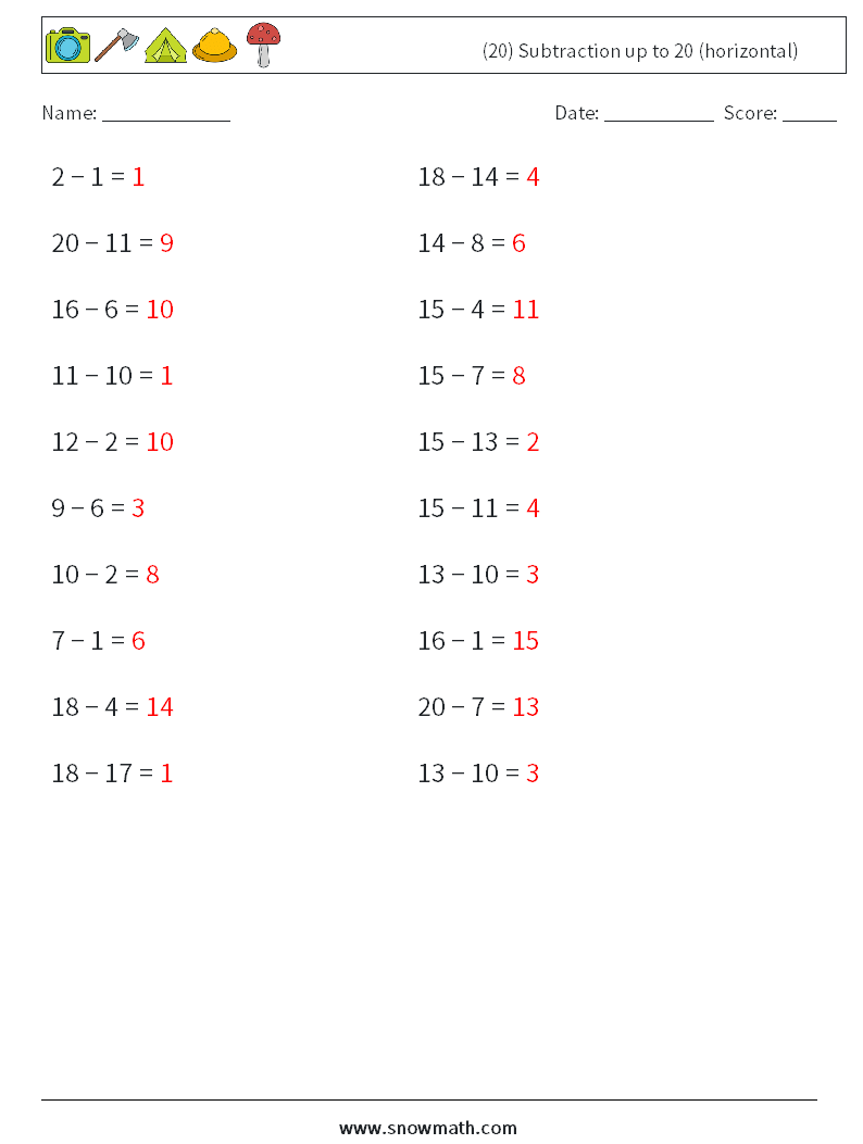 (20) Subtraction up to 20 (horizontal) Math Worksheets 6 Question, Answer