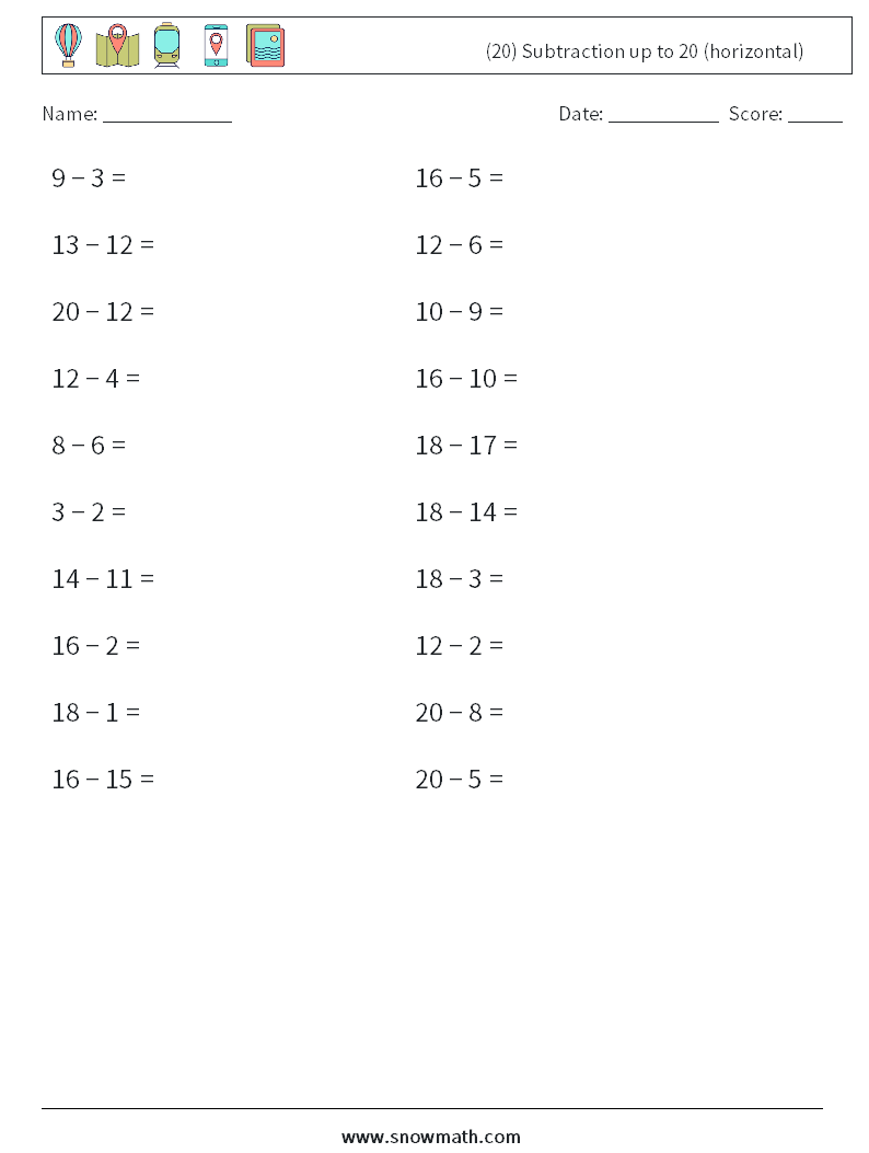 (20) Subtraction up to 20 (horizontal) Math Worksheets 7