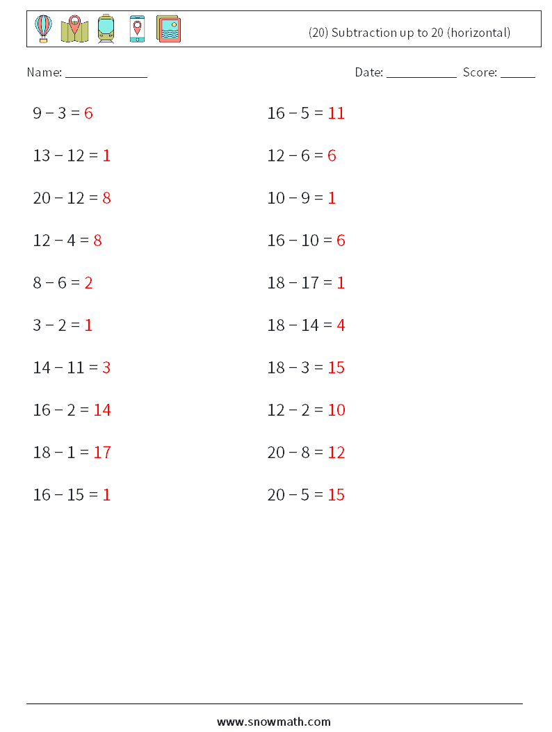 (20) Subtraction up to 20 (horizontal) Math Worksheets 7 Question, Answer