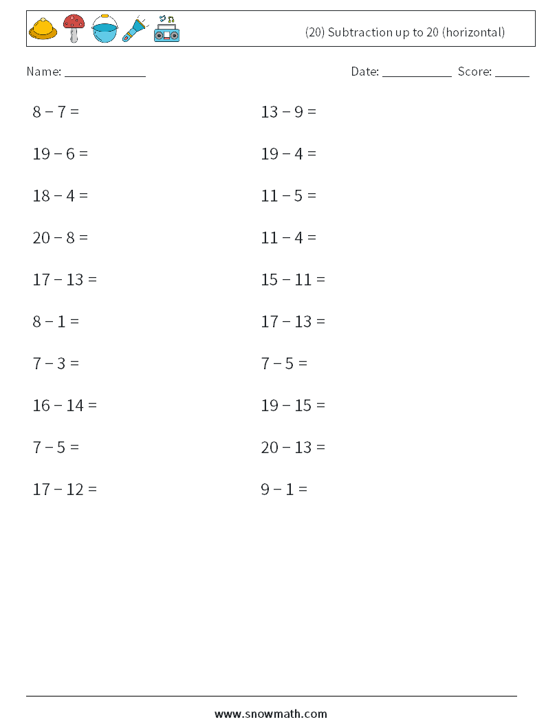 (20) Subtraction up to 20 (horizontal) Math Worksheets 8