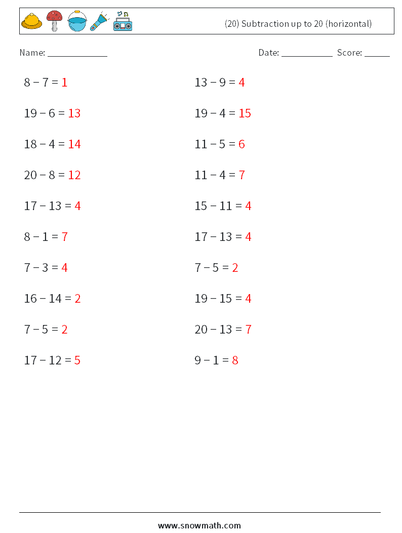 (20) Subtraction up to 20 (horizontal) Math Worksheets 8 Question, Answer