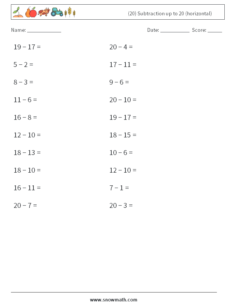 (20) Subtraction up to 20 (horizontal) Math Worksheets 9