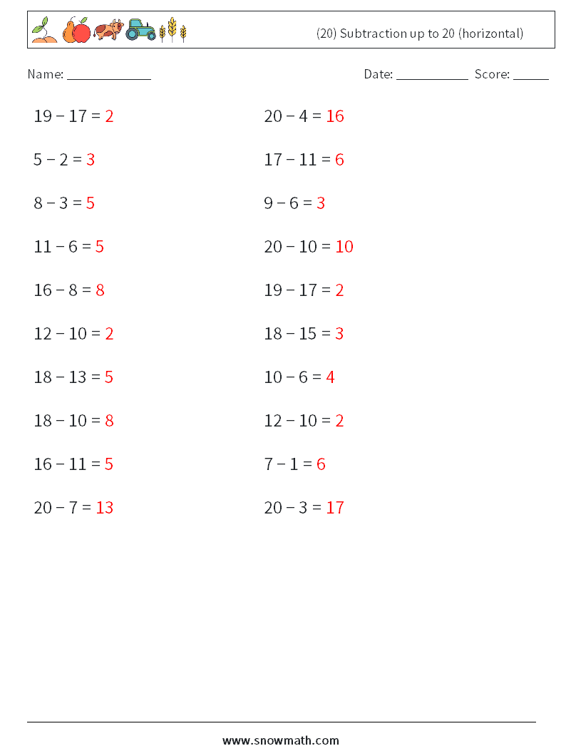 (20) Subtraction up to 20 (horizontal) Math Worksheets 9 Question, Answer