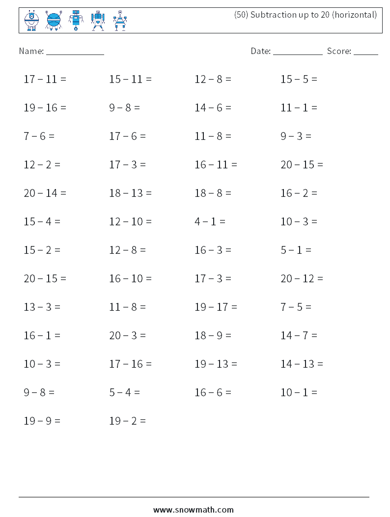 (50) Subtraction up to 20 (horizontal) Math Worksheets 5