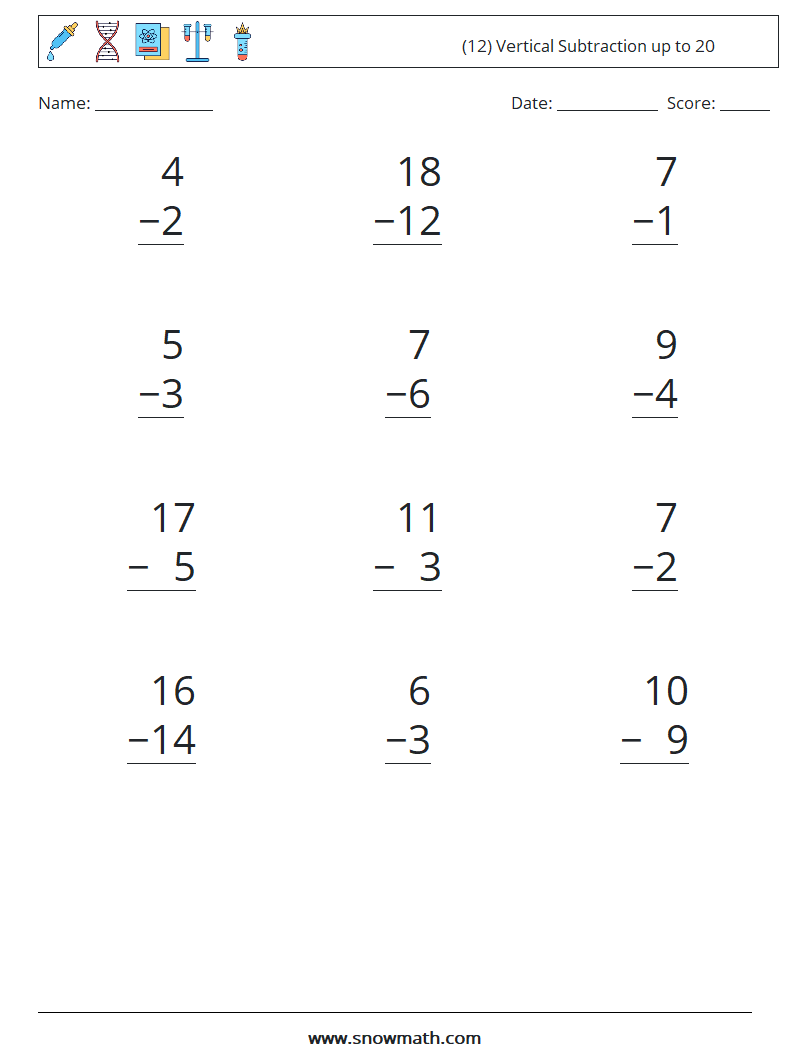 (12) Vertical Subtraction up to 20 Math Worksheets 1