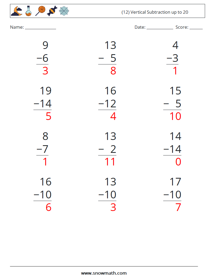 (12) Vertical Subtraction up to 20 Math Worksheets 10 Question, Answer