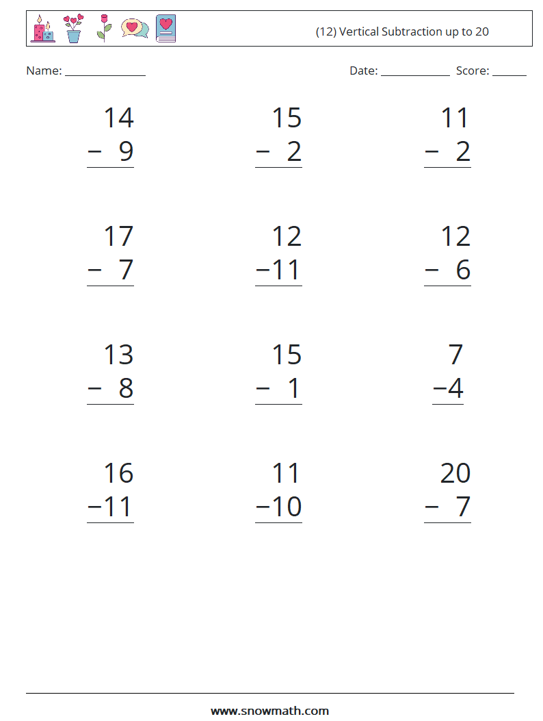 (12) Vertical Subtraction up to 20 Math Worksheets 11