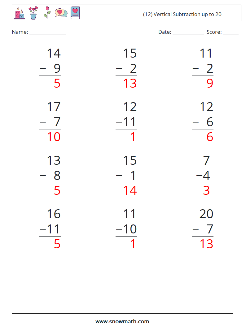 (12) Vertical Subtraction up to 20 Math Worksheets 11 Question, Answer