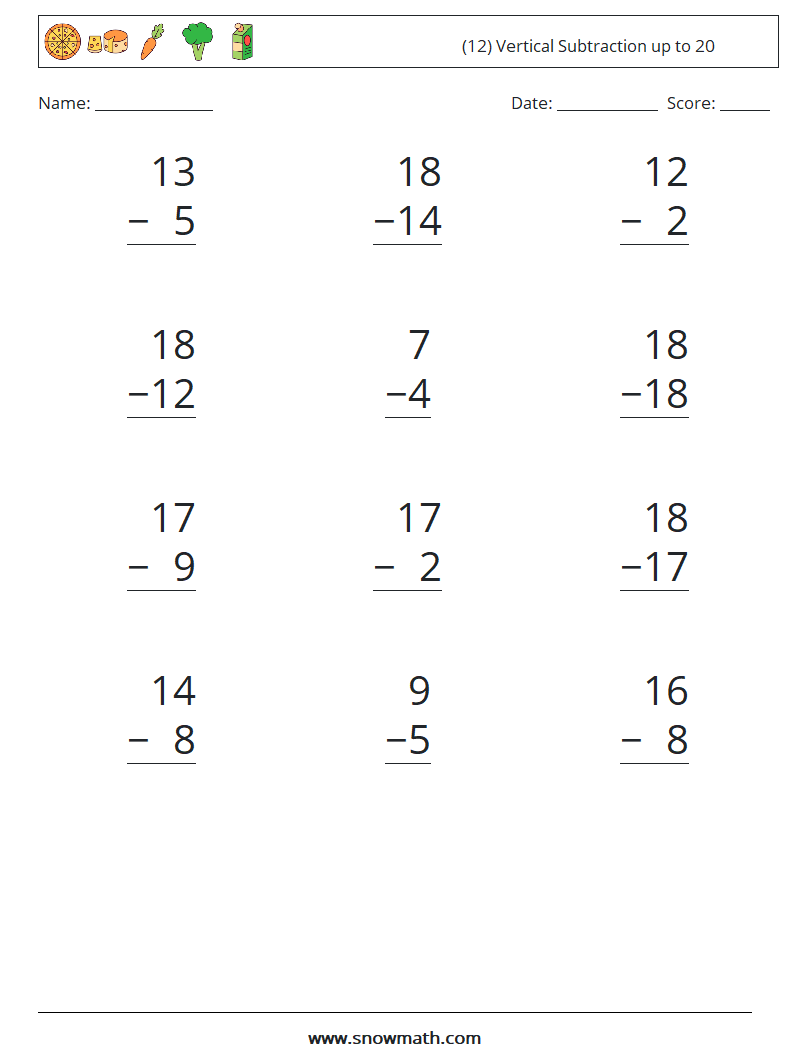 (12) Vertical Subtraction up to 20 Math Worksheets 12