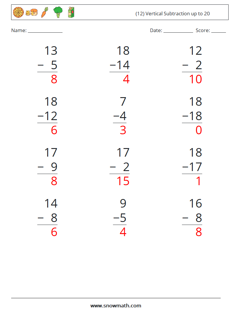 (12) Vertical Subtraction up to 20 Math Worksheets 12 Question, Answer