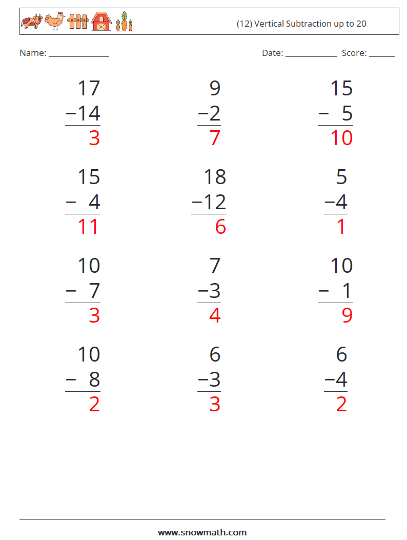 (12) Vertical Subtraction up to 20 Math Worksheets 13 Question, Answer