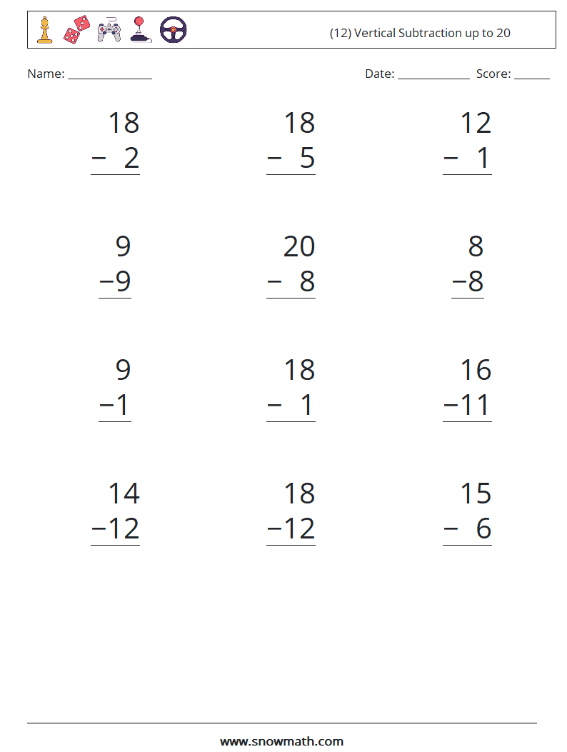 (12) Vertical Subtraction up to 20 Math Worksheets 14