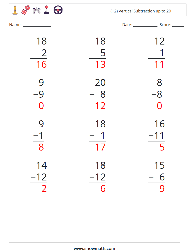 (12) Vertical Subtraction up to 20 Math Worksheets 14 Question, Answer