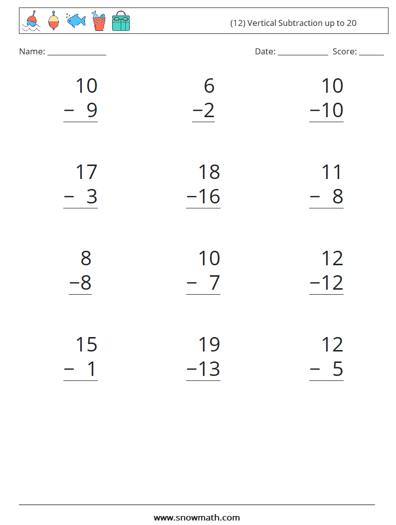 (12) Vertical Subtraction up to 20 Math Worksheets 15