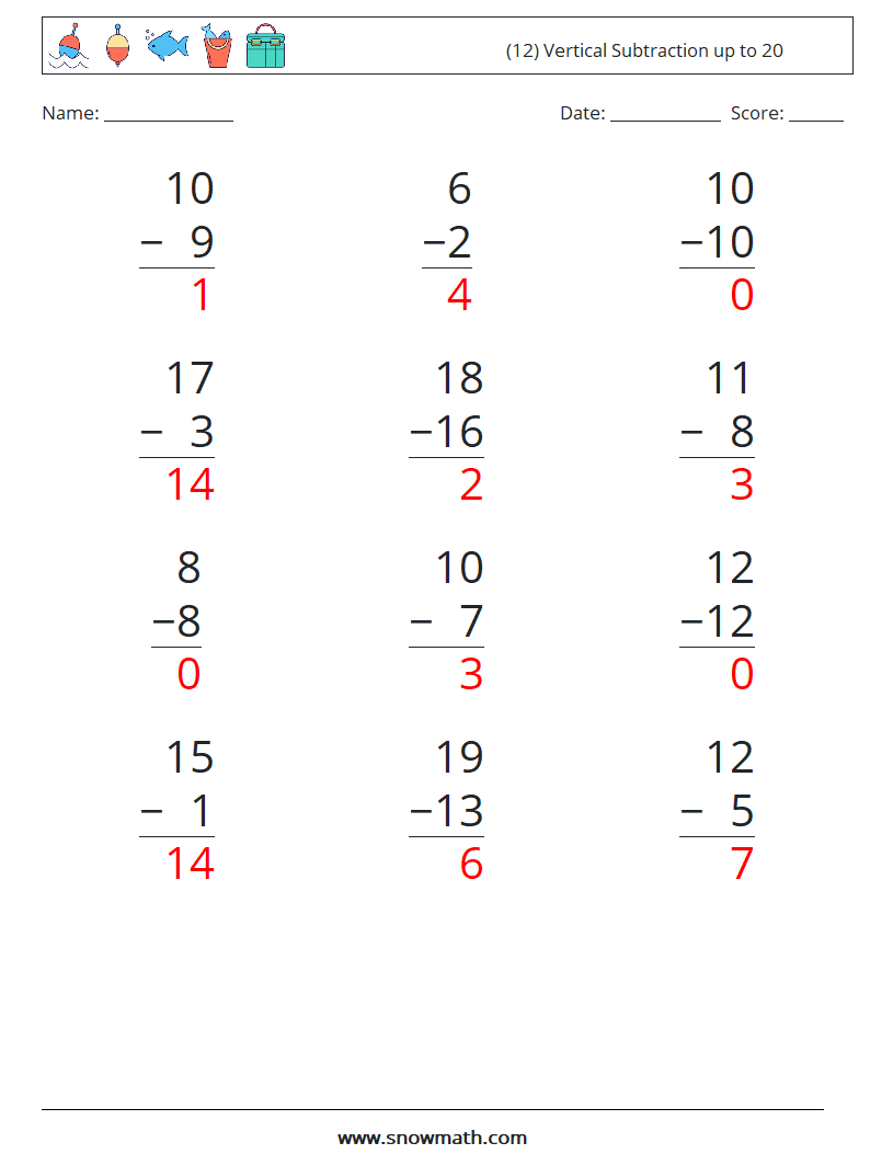 (12) Vertical Subtraction up to 20 Math Worksheets 15 Question, Answer