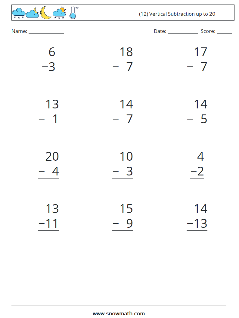(12) Vertical Subtraction up to 20 Math Worksheets 16