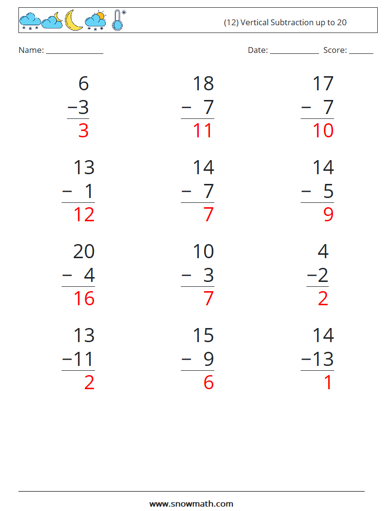 (12) Vertical Subtraction up to 20 Math Worksheets 16 Question, Answer
