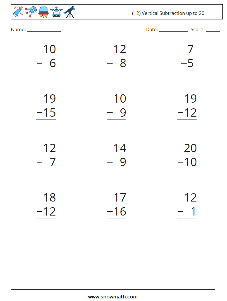 (12) Vertical Subtraction up to 20 Math Worksheets 17