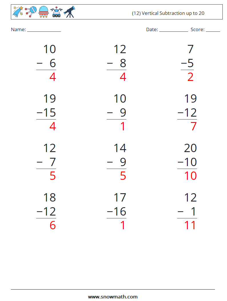 (12) Vertical Subtraction up to 20 Math Worksheets 17 Question, Answer