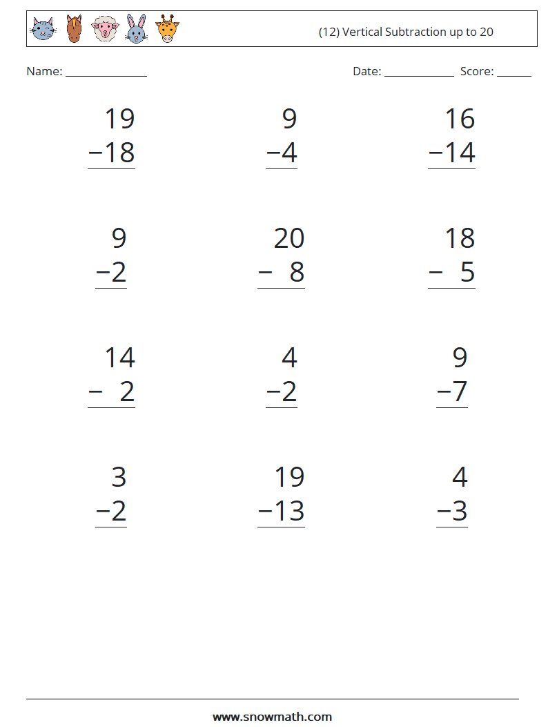 (12) Vertical Subtraction up to 20 Math Worksheets 18