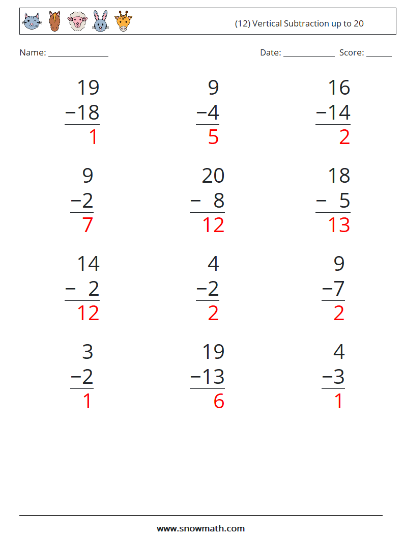 (12) Vertical Subtraction up to 20 Math Worksheets 18 Question, Answer