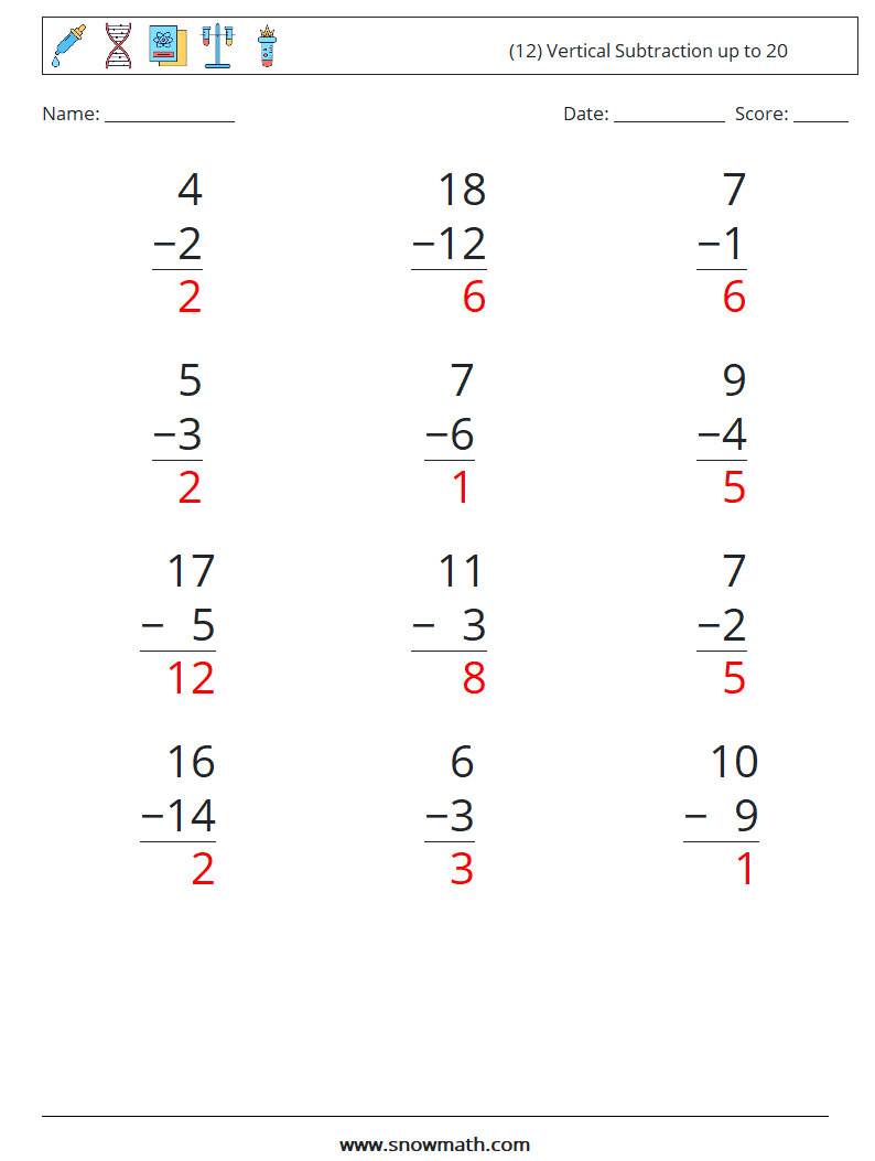 (12) Vertical Subtraction up to 20 Math Worksheets 1 Question, Answer