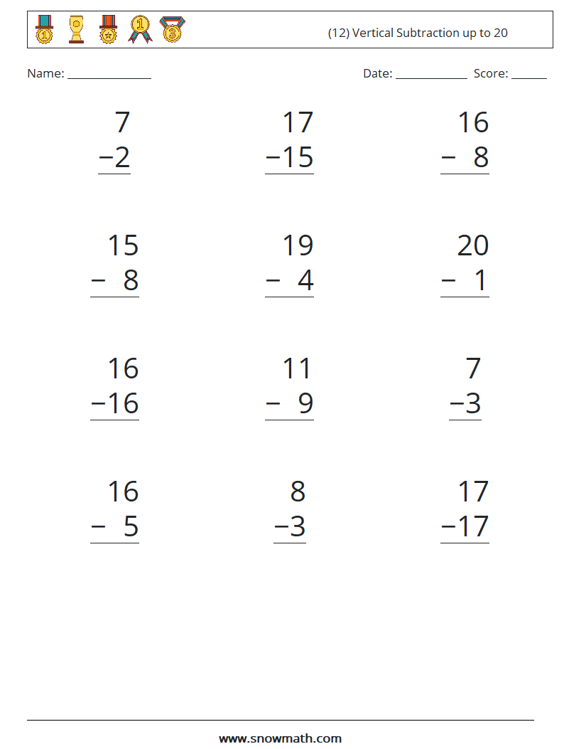 (12) Vertical Subtraction up to 20 Math Worksheets 2