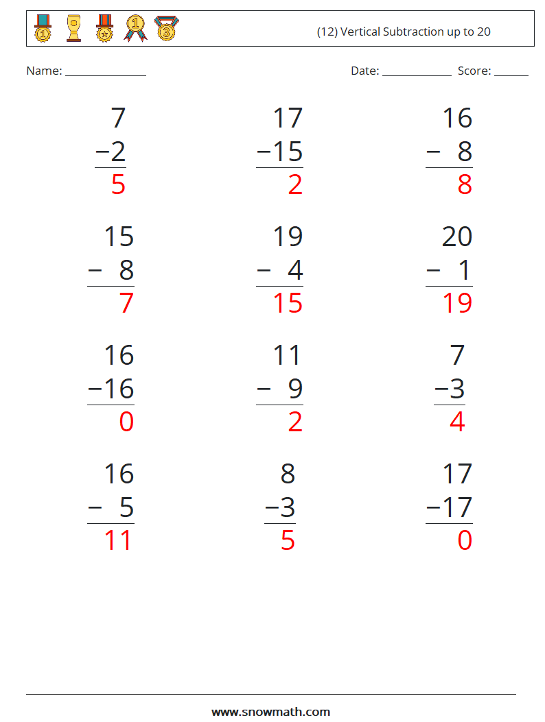 (12) Vertical Subtraction up to 20 Math Worksheets 2 Question, Answer