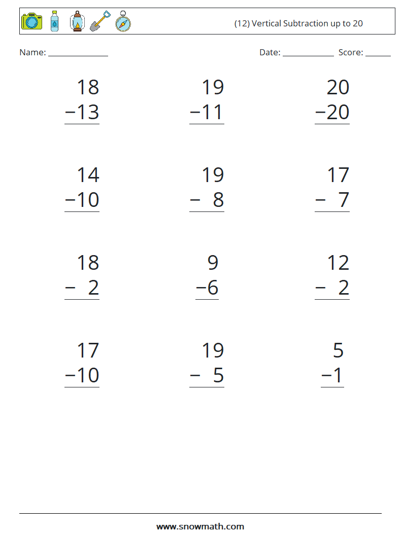 (12) Vertical Subtraction up to 20 Math Worksheets 3