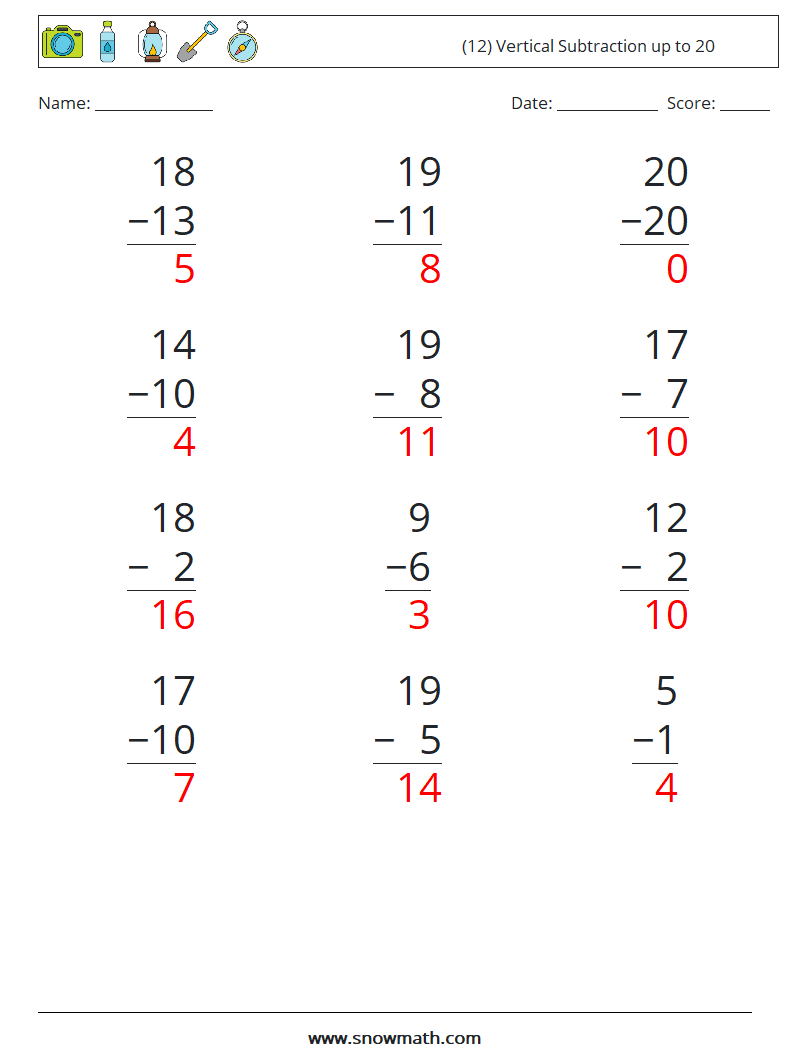 (12) Vertical Subtraction up to 20 Math Worksheets 3 Question, Answer