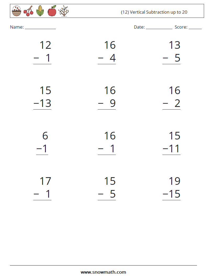(12) Vertical Subtraction up to 20 Math Worksheets 5