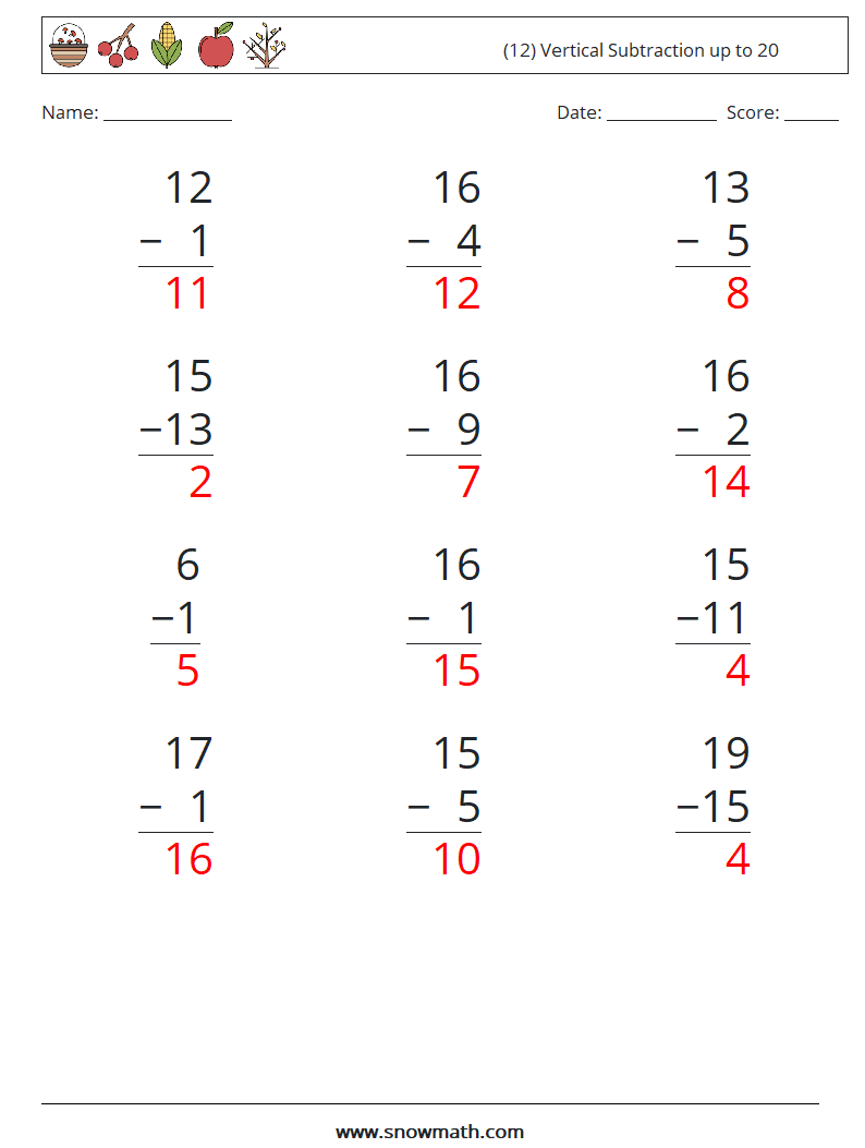 (12) Vertical Subtraction up to 20 Math Worksheets 5 Question, Answer