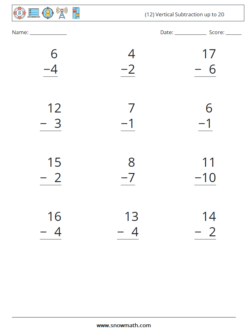 (12) Vertical Subtraction up to 20 Math Worksheets 6