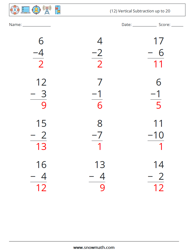 (12) Vertical Subtraction up to 20 Math Worksheets 6 Question, Answer