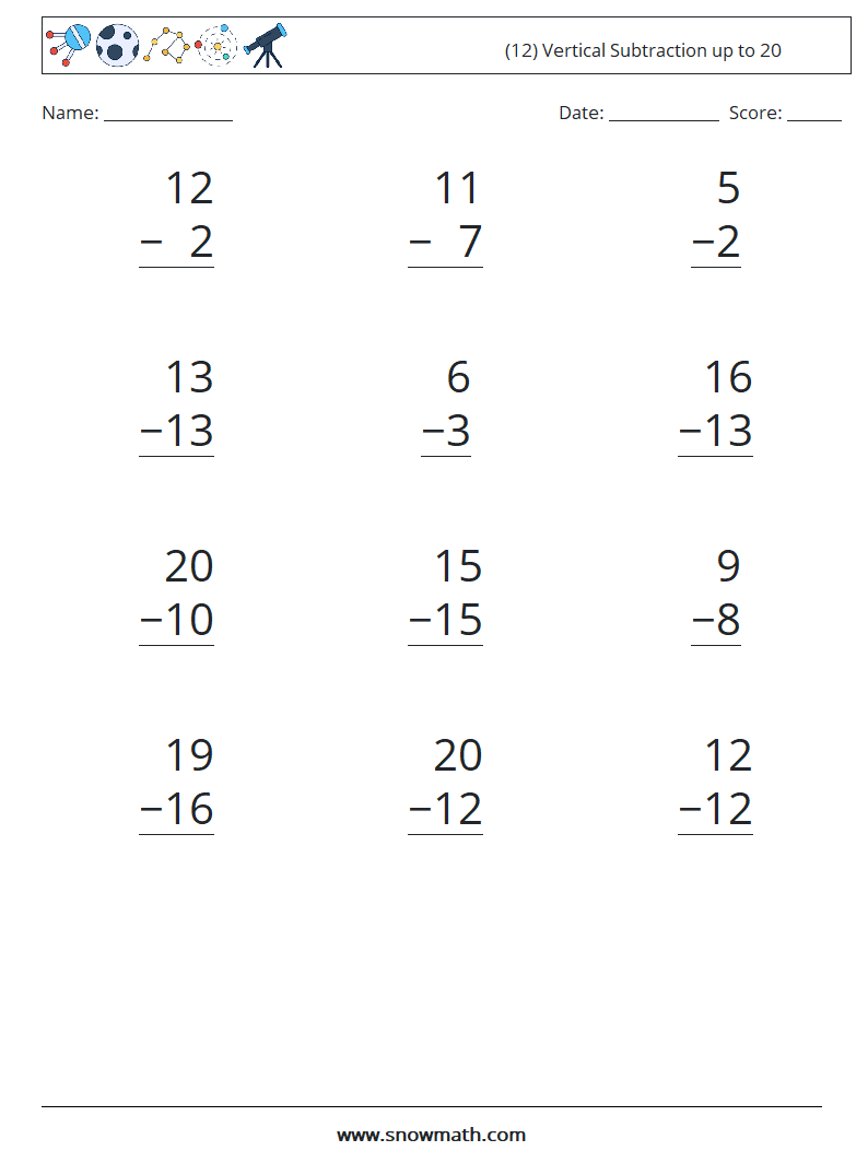 (12) Vertical Subtraction up to 20 Math Worksheets 7