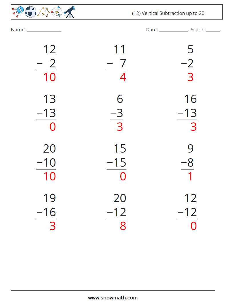 (12) Vertical Subtraction up to 20 Math Worksheets 7 Question, Answer