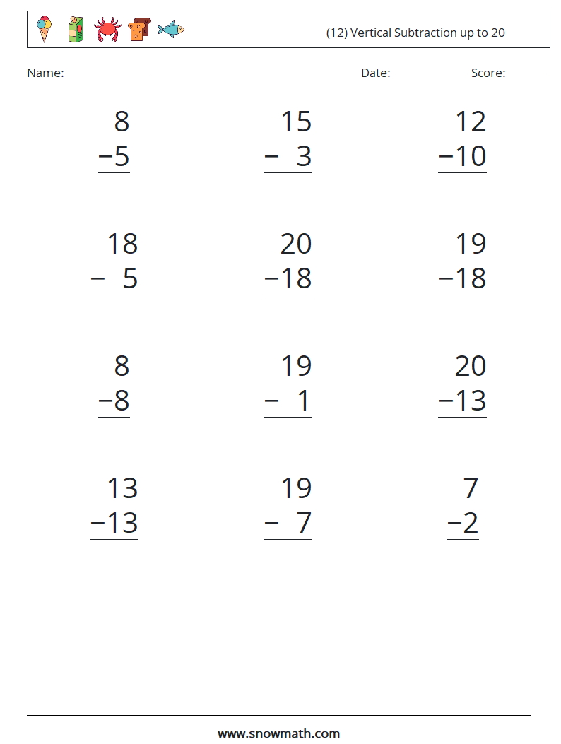 (12) Vertical Subtraction up to 20 Math Worksheets 8