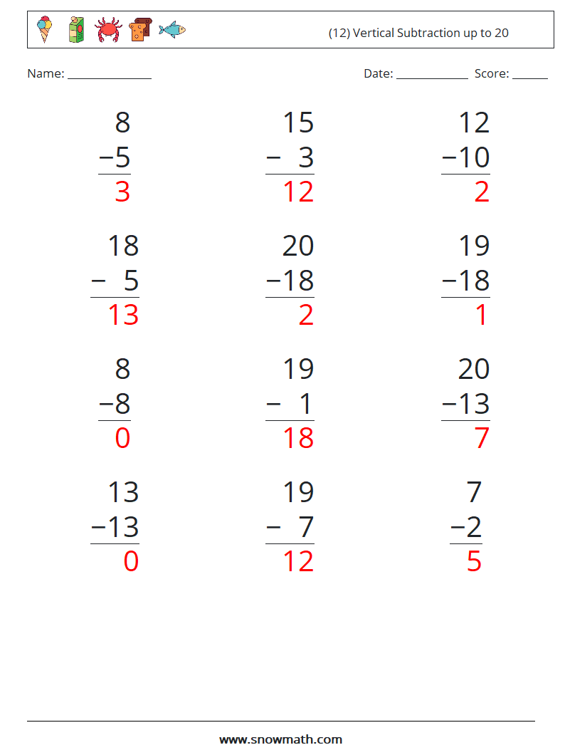 (12) Vertical Subtraction up to 20 Math Worksheets 8 Question, Answer