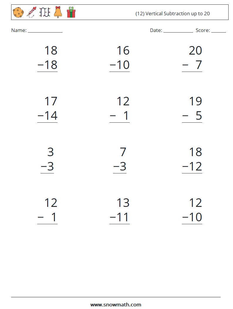 (12) Vertical Subtraction up to 20 Math Worksheets 9
