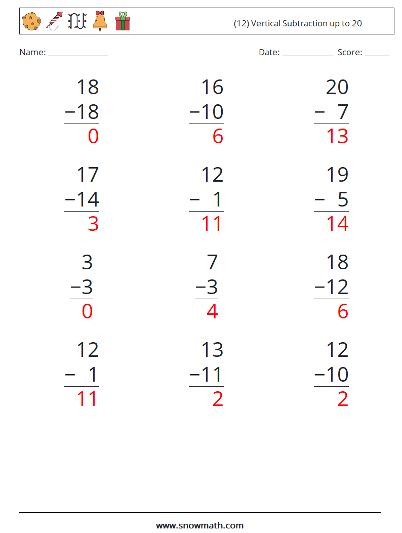 (12) Vertical Subtraction up to 20 Math Worksheets 9 Question, Answer